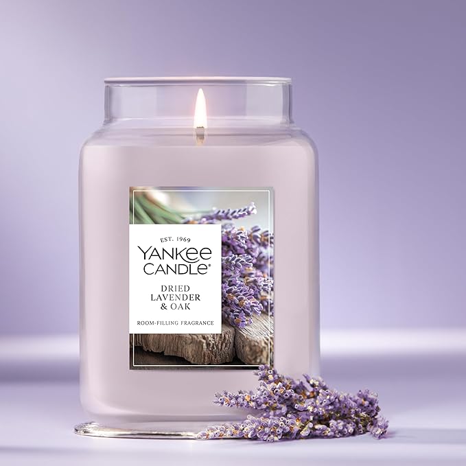 Yankee Candle Dried Lavender & Oak, Scented Candle, 22oz Large Jar with up to 150 Hour Burn Time, Giftable, Birthdays