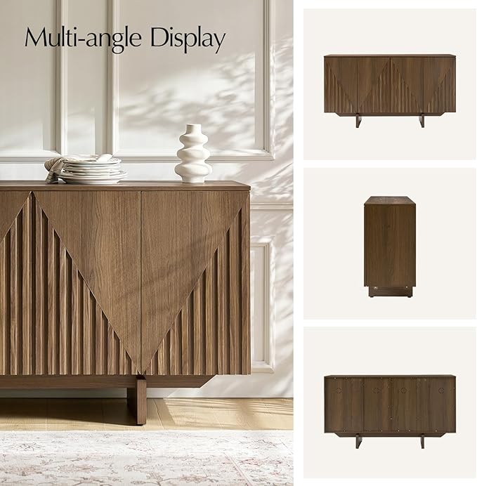 HULALA HOME Mid Century Modern Solid Wood Sideboard with Triangle, 4 Door Fluted Buffet Cabinet with Storage, 58" Sideboard Cabinet with Adjustable Shelves, Walnut