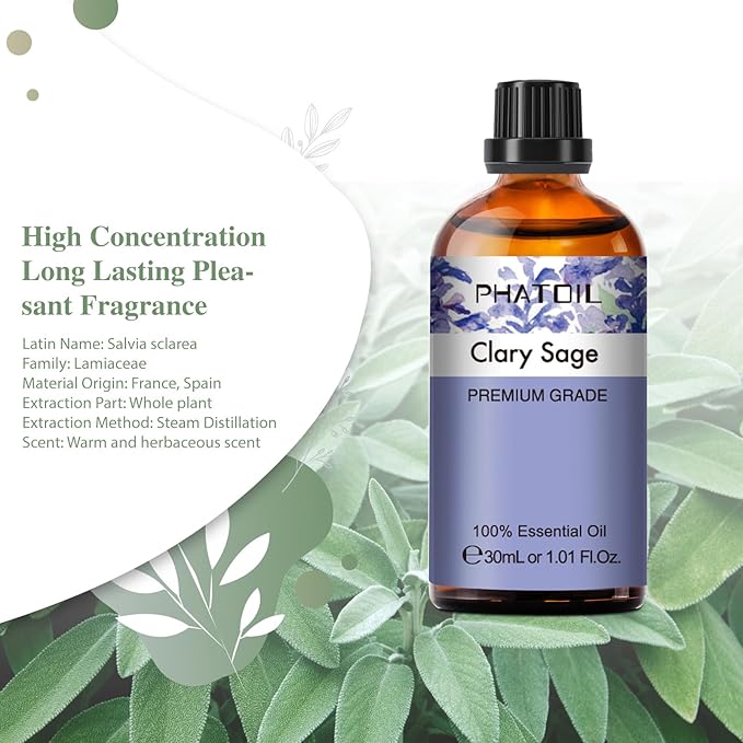 Clary Sage Essential Oil, 1.01Fl.Oz (30ML) PHATOIL Pure Essential Oil Singles for Aromatherapy Diffusers, Humidifiers, Great for DIY Candle and Soap Making, Gift for Friend