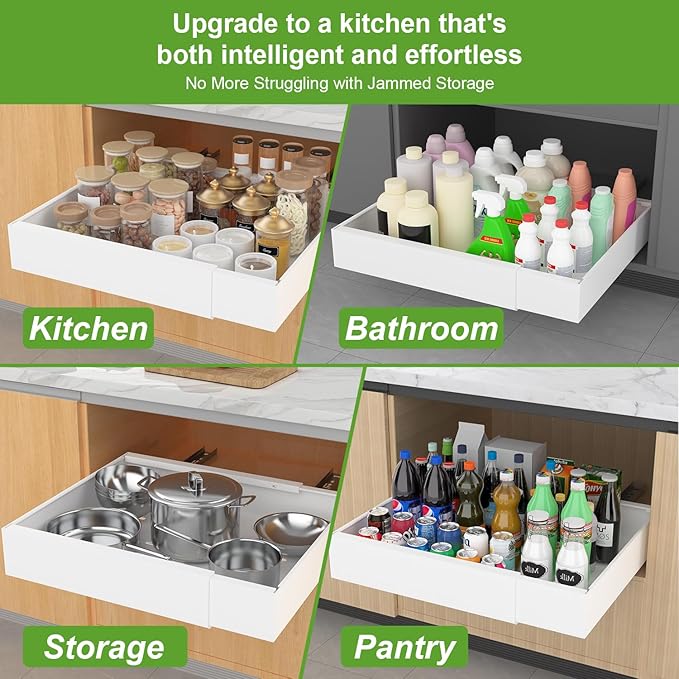 ANTOWIN 2-Pack Expandable Pull Out Cabinet Organizer 16.5"Deep(12.2"-20.5"W), 3 Full Extension Glides Slide Out Drawers, Roll Out Shelves Adhesive Raising Pad,Compatible Framed Cabinets,90lb Cap,White