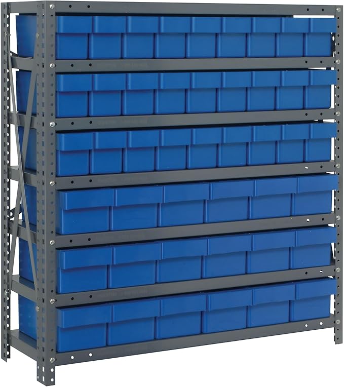 Quantum Storage Systems 1839-624BL Solid Heavy Duty 7 Shelves 45 Super Tuff Euro Blue Bins 39" H x 36" W x 18" D