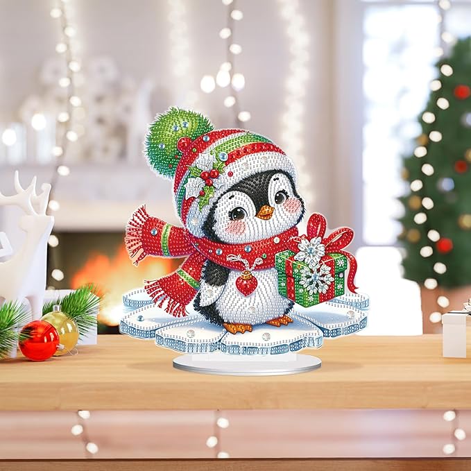 5D Diamond Art Ornament Kits Christmas Penguin, DIY Diamond Painting Desktop Ornaments, Special Shaped Crystal Rhinestone Diamond Art Table Top Home Office Christmas Decor (24x24.7cm)
