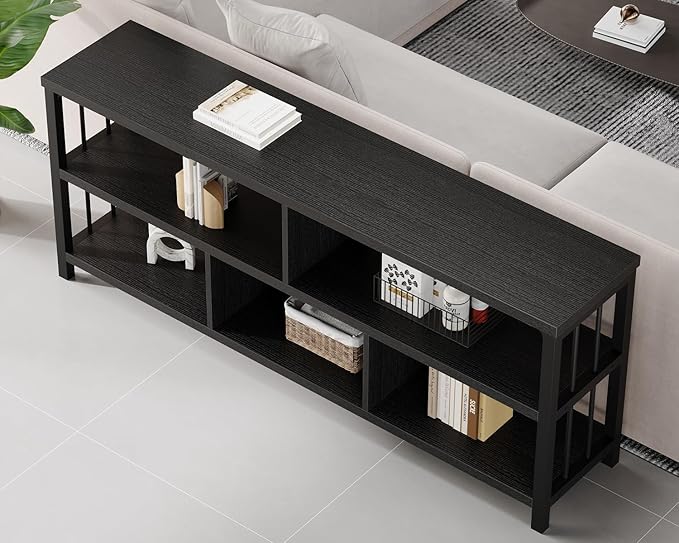 IBF 63” Black Bookshelf, Industrial Long Open Horizontal Cube Book Shelf, Low Wide Home 5 Cube Storage Organizer Shelf for Bedroom, Wood and Metal Cubby Bookcase for Living Room, Black Oak, 63 Inch