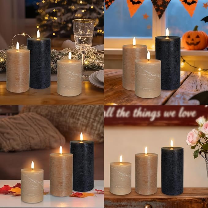 Rechargeable Flameless LED Pillar Candles–Luminous Real Wax Indoor Home Decor–Set of 3, Realistic Flickering LED Flame,Remote & Timer, USB-Rechargeable（Caramel Beige）