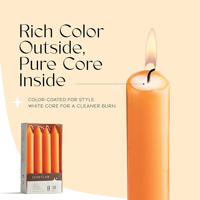 Leor & Lair 6 Inch Orange Taper Candles – Pack of 8 Orange Candlesticks with Cotton Wick – 5 Hour Burn Mini Candle Sticks for Fall Decoration & Halloween Celebrations