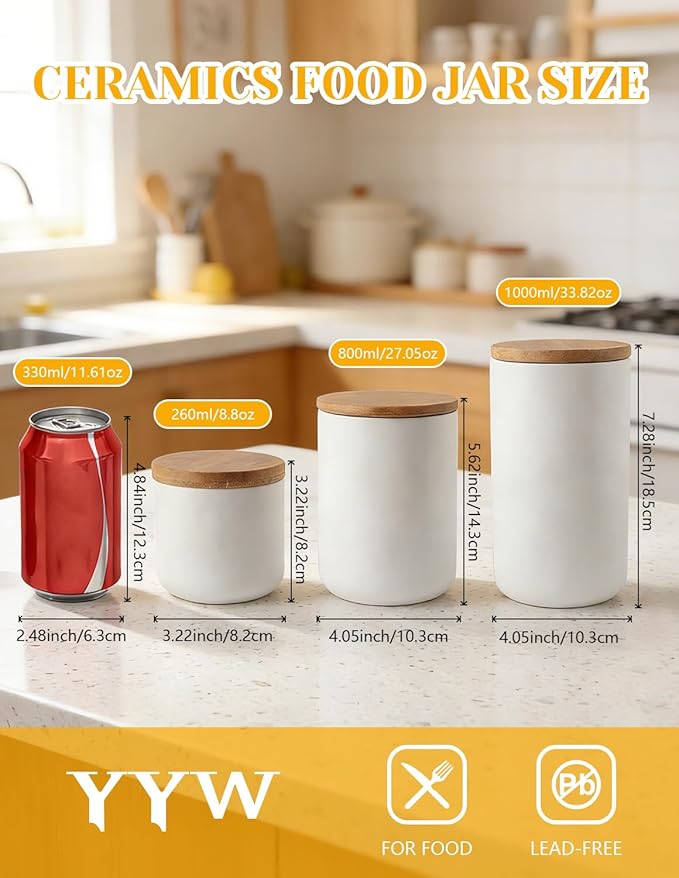 Ceramics Food Storage Jar Canister with Airtight Seal Bamboo Lid, Simple Style Kitchen Canister for Food Storage, Store Coffee, Sugar, Tea, Spices and More (White (27.05oz/800ml))