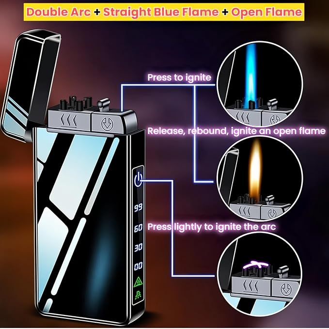 Torch Lighter, Butane Torch Soft Flame Plasma Dual Arc 3-in-1 Lighter, USB Rechargeable Electric Lighters with Flashlight, Windproof Refillable Lighters (Without Fuel) (Gold Ice)