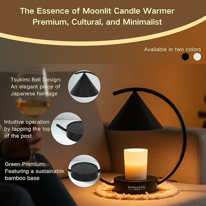 bamboo&life®Moonlit TouchOn Candle Warmer,Eco-Luxury 5-Pc Gift Set incl. Fringe Mat&Wax Dish,Authentic Japan Design,Touch Dimmer,Real Bamboo Base,UL&ETL Certified,US Brand,Birthday&Housewarming Gift