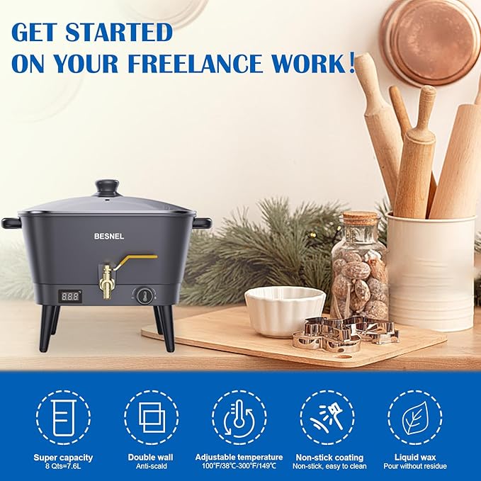 VOISEN Wax Melter for Candle Making, Electric Non-Stick Wax Melter Holds 8Qts of Wax,Soy Wax for or Soap Business Candle Making with Heat Resistant Handle & Brass Spout,Temp Control (Black)