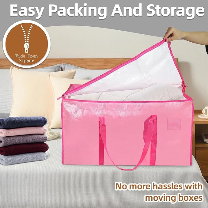 16 Pack-Extra Large Heavy Duty Moving Bags - Waterproof Storage Totes with Handles & Zippers, Foldable for College Dorm, Storage (Pink)