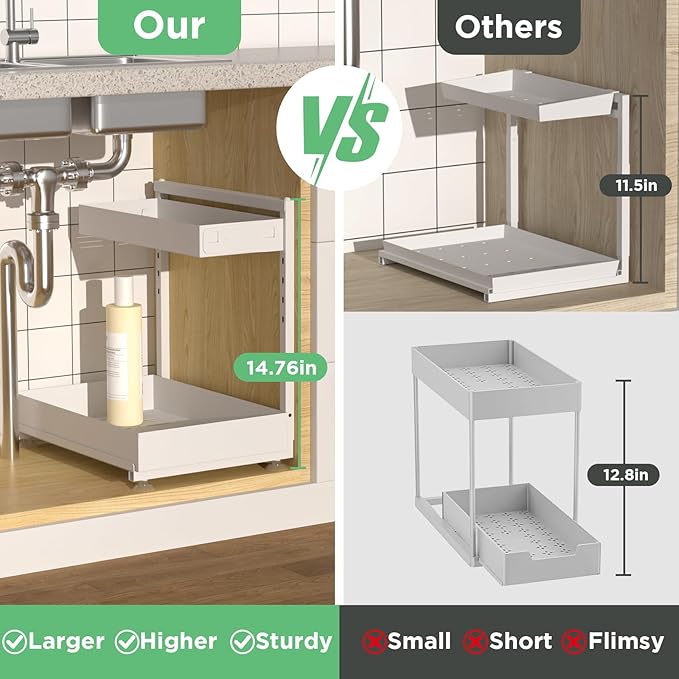 Under Sink Organizer Bathroom Kitchen: 2 Pack 2 Tier Metal Under Cabinet Storage with Height-adjustable Shelf and Pull out Rack for Pantry Vanity Cupboard Counter Countertop