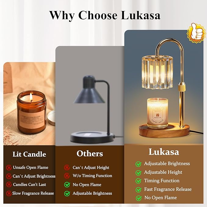 Lukasa Candle Warmer Lamp, with Timer Dimmer Adjustable Height, Home Decor, Room Decor, Wax Melt Warmer for Candles, Gifts for Mom, Birthday Gifts for Women