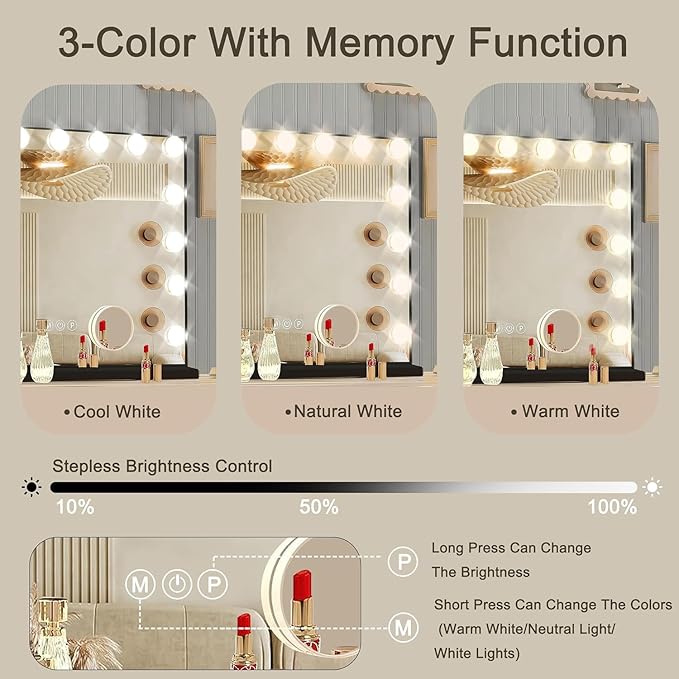 Ratsamee Black Hollywood Vanity Mirror with Lights, 15 Dimmable Bulbs, 3 Color Lights,Make Up Lighted Mirror, Aluminum Metal Frame, USB Charging Port（23" x 18"）