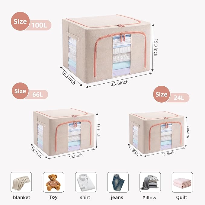 GuliPostan 3 Pack 100L Stackable Clothes Storage Bins with Metal Frame Handles & Zipper, Collapsible Closet Organizer Box with Lid for Bedding Blankets Towel (Beige)