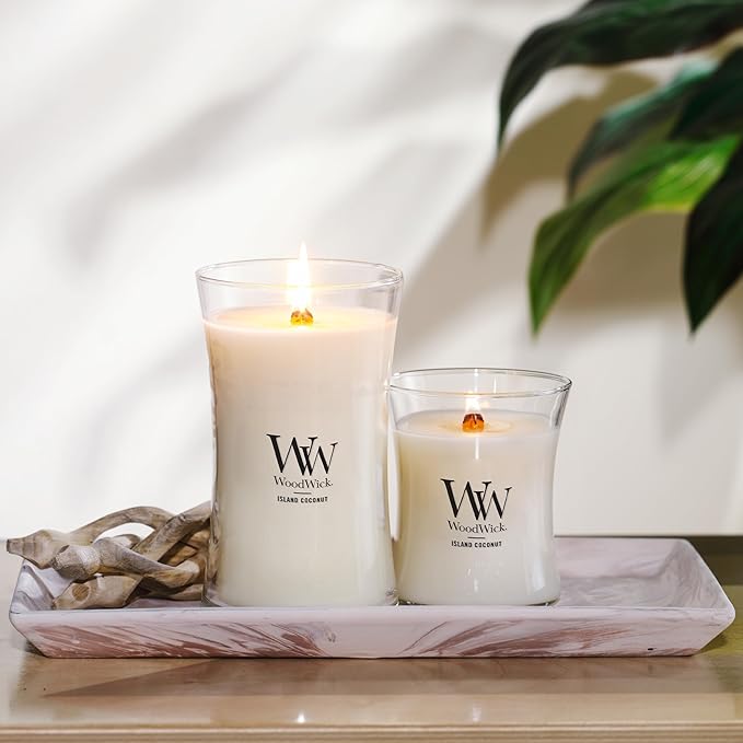 WoodWick Medium Hourglass Candle White Teak - Premium Soy Blend Wax Pluswick Innovation Wood Wick Made in USA