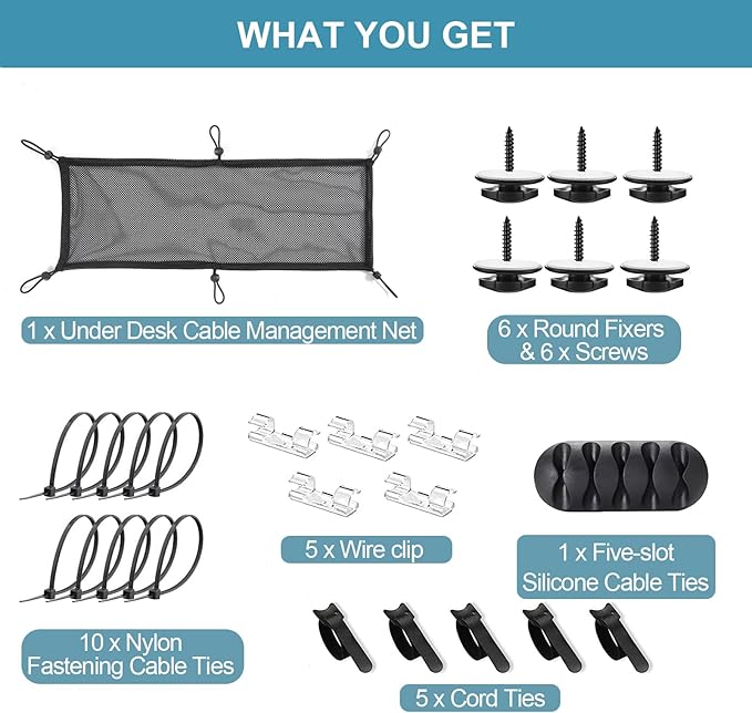 Cable Management Mesh Under Desk Kit, Privacy Net, 36PCS Table Flexible Wire Organizer, Extra Large Capacity Kit Desk, 27 x 10 Inches