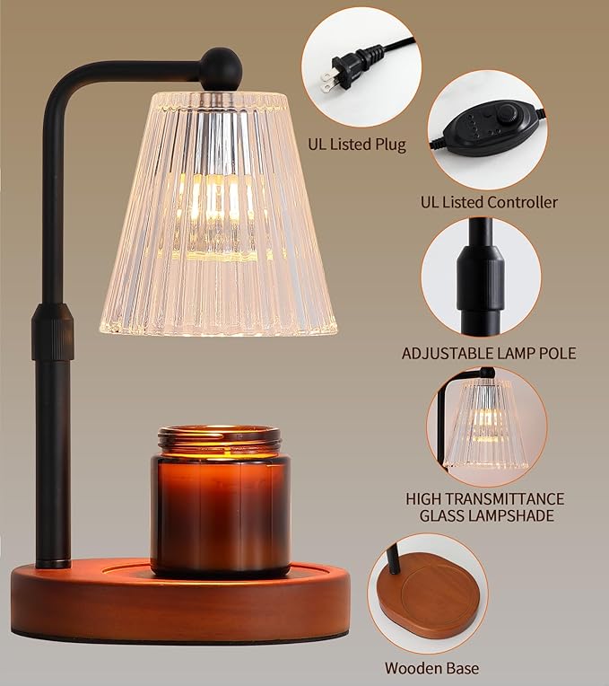 Candle Warmer Lamp with Timer Dimmable, Wooden Electric Wax Melt Warmer for Jar Candles,2 Bulbs, No Flame Candle Warmer Lamp Birthday Gifts for Women Mom,House Warming Gifts,Height Adjustable