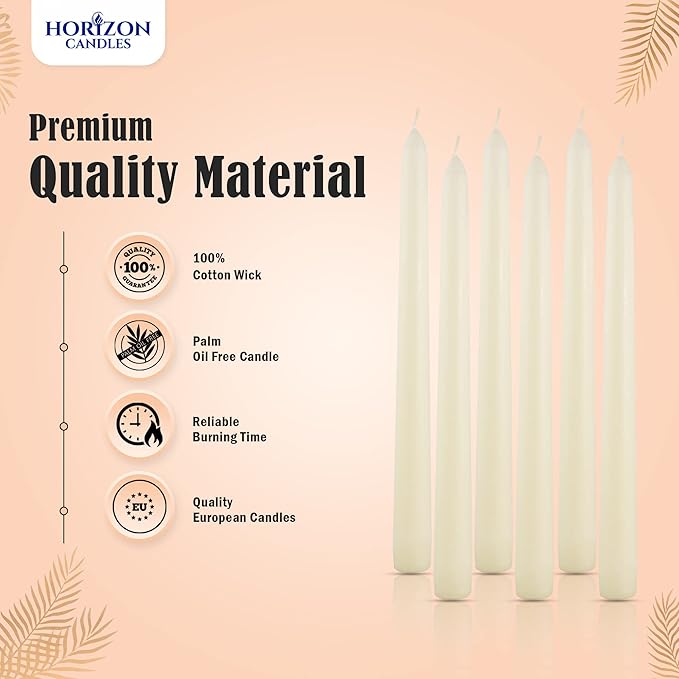 Horizon Unscented 10-Piece Taper Candle Set – 9 Hours Burning Time Smokeless & Dripless Candles for Centerpieces at Wedding, Holiday Dinners, Festive Parties and Home Decor - Cream