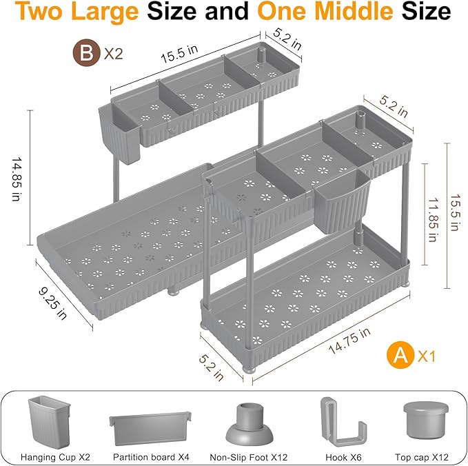 3 Pack Multi-Purpose Under Sink Organizers and Storage, 2026 L-Shaped Pull Out Cabinet Organizer for Bathroom & Kitchen, Under Cabinet Organizer with Hooks Hanging Cup (Grey, 14.85 inch)