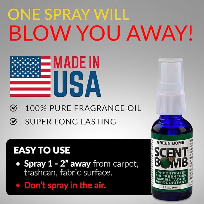 Scent Bomb Air Freshener Spray, Long-Lasting Odor Eliminator - Effective Deodorizer for Home & Car, Fresh Room Spray for Kitchen, Bathroom & Smell Neutralizer - 1 oz Pack of 4, Green Bomb Scent