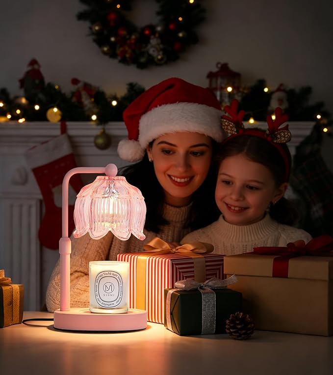 MEIXISUE Pink Flower Candle Warmer Lamp with Timer Dimmer, Adjustable Height No Flame Wax Warmer for Jar Candles, Ideal Gifts for Mom Women, ‌Housewarming New Home Bedroom Decor with 2 Bulbs