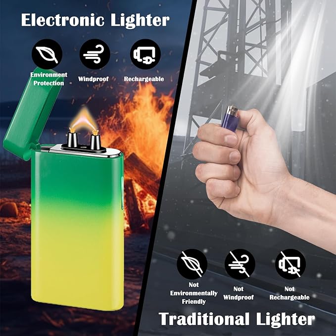 Electric Lighter Rechargeable Arc Lighter USB C Electronic Plasma Lighters Metal Chargeable Lighters with LED Dazzling Power Display Design for Outdoor, Camping, BBQ (YellowGreen)