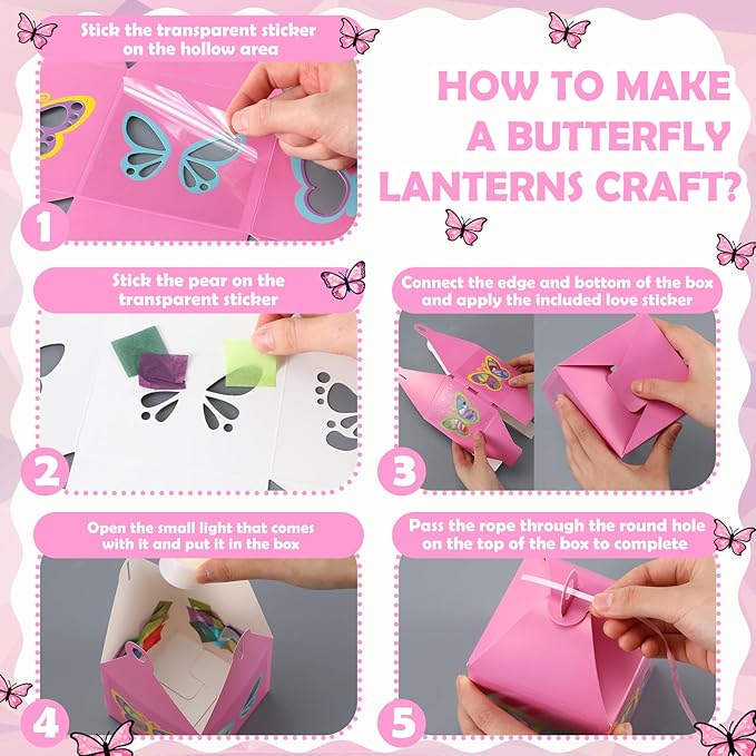 Simgoing 12 Sets Butterfly Crafts with LED Lights Butterfly Tissue Paper Crafts Kits DIY Hanging Suncatchers Lanterns Kits for Window Decor Spring Party Favor Art Activities