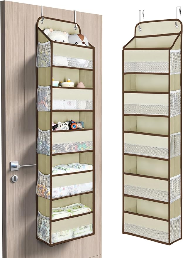 Yecaye 1 Pc 5 Tier Over the Door Organizer with 15 Pockets | 44lb Load Over the Door Storage | No Sagging Closet Organizers and Storage | Versatile Nursery Hanging Organizers for Home Dorm - Beige