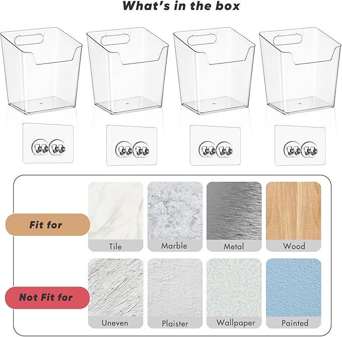 Clear Acrylic Pen Holder, 4 Pack Cabinet Door Organizer Adhesive, Bathroom Wall Mount Caddy Kitchen Plastic Storage Bin Box for Office Marker,Art Supply, Small Cleaning Supply, Seasoning Drink Packet
