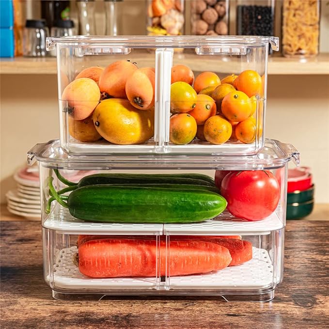 Slideep Food Storage Containers, 2 Tier Stackable Fridge Produce Saver with Lids, Removable Drain Tray Drawers Refrigerator Produce Keeper with Strainer for Veggie, Berry, Fruits, Vegetables 4 Pack