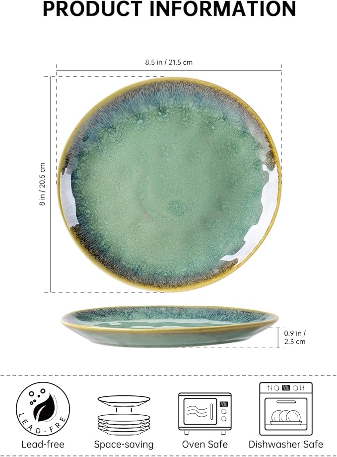Henten Home Ceramic Dessert Plates, 8.5 Inch Salad Plate Set of 4, Porcelain Snack Serving Dishes for Cake, Kitchen, Microwave & Dishwasher Safe, Reactive Glaze (Green)