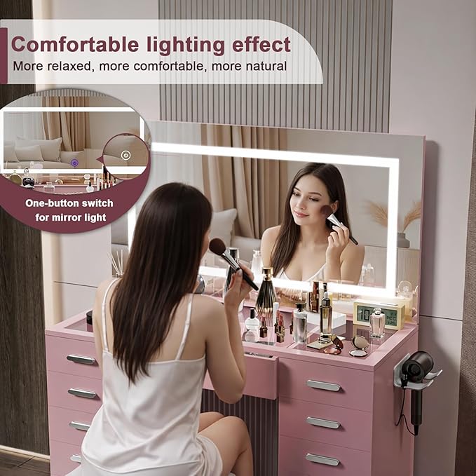 Vanity Desk with Mirror and Lights, 50" Makeup Vanity with Glass Top & Power Outlet, White Vanity with 11 Drawers & 8 Hidden Storage Shelves, 3 LED Lighting Modes Adjustable for Bedroom (PINK)