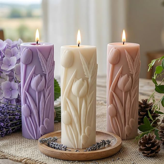 XIAOSHUI Tulip Cylinder Cylinder Candle Molds Tulip Flower Pillar Candle Silicone Mold for Candles Making Resin Casting Aromatherapy Candles Gypsum Craft Home Decorate