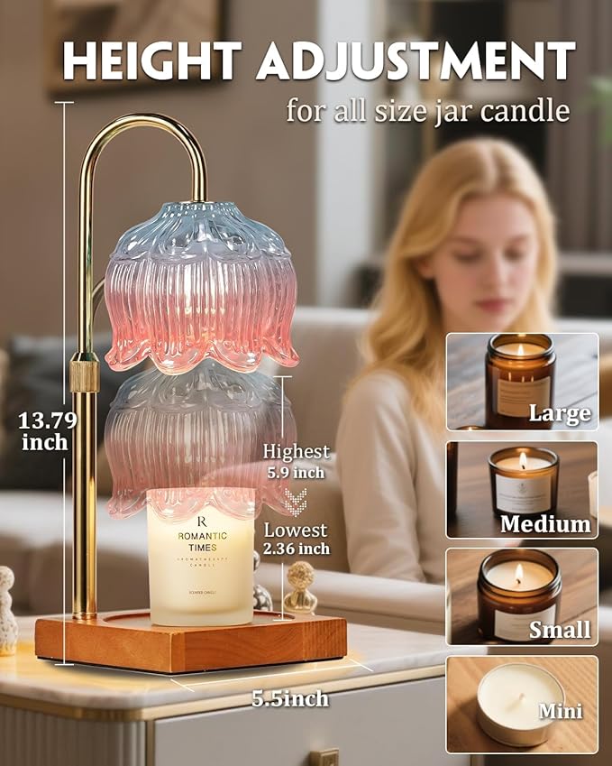 Candle Warmer Lamp with Timer & Dimmer, Candle Lamp Warmer Adjustable Height, Mothers Day Birthday Gifts for Women Mom, House Warming New Home Bedroom Decor, Lotus Flower Wax Warmer for Jar Candles