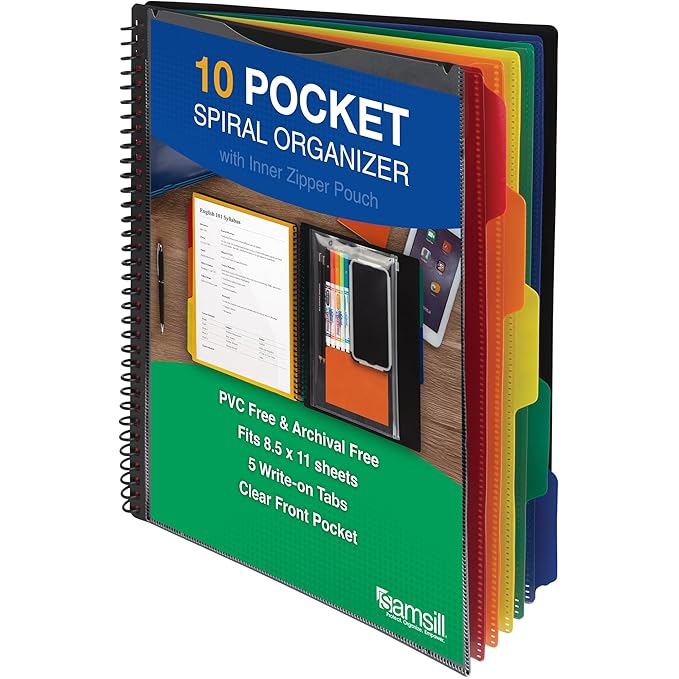 Samsill Spiral Folder Organizer - 5 Dividers & 10 Pockets with Zipper Pouch, Multi Pocket Color Cordinated Folder Binder with Customizable Tabs, Document Organizer (Basic)