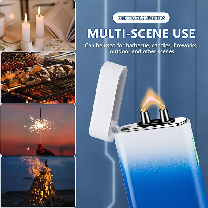 SKRFIRE Windproof Electric Lighter Rechargeable Plasma Lighters Arc Lighters Design USB Charging Lighter Battery Indicator Essential for Survival Hiking BBQ（Blue and White）