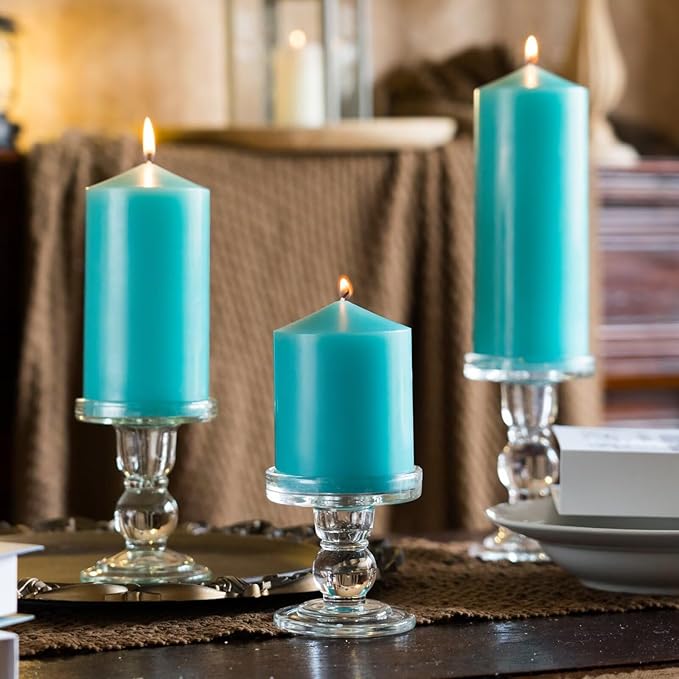 MOZEAL 3" x 8" Hand-Poured Unscented Candles,Large Turquoise Pillar Candles Set of 2,No Drip,Approx 120 Hours Long Burning,Wedding,Dinner,Christmas and Home Decor（3 Inch Diameter 8 Inch Height）
