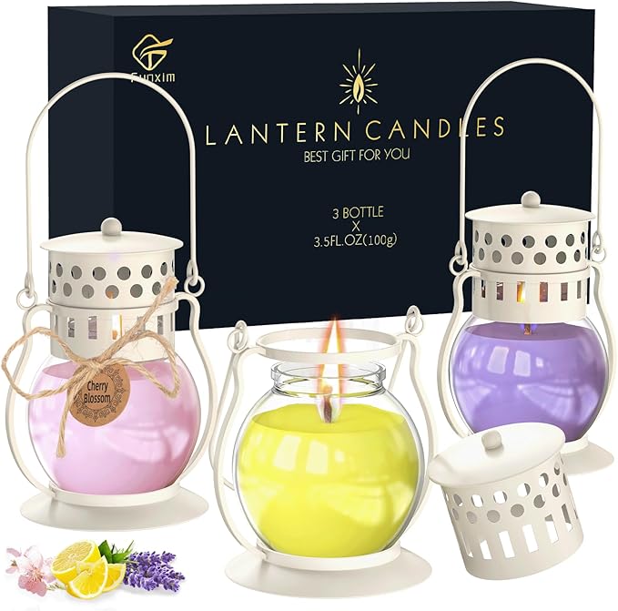 Scented Candles for Home, 3 Pack Retro Lantern Aromatherapy Candles for Lavender/Lemon/Cherry Blossom, Fall Candle Set, Soy Jar Candle Gifts for Women Men