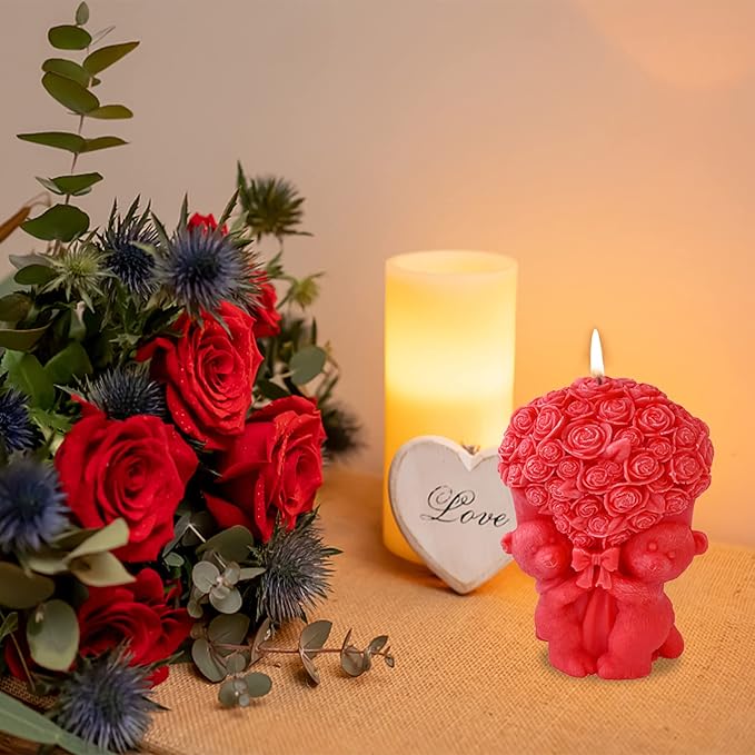 ZAKVOOR Rose Bear Shape Candle Mold Valentine's Day Resin Casting Silicone Mold for DIY Aromatherapy Candles Wax Plaster Polymer Clay Decoration
