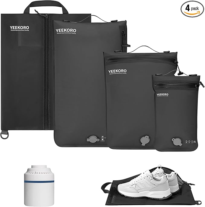 4 Set Vacuum Bags for Travel, Professional Reusable Organizer Bag with IPX8 Waterproof Zipper, Compression Bag for Suitcases, Durable Seal Space Saver Bags (Black,with pump)