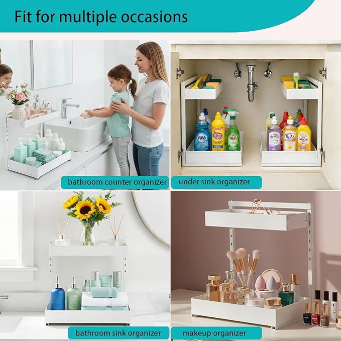 Under Sink Organizer, Bathroom Counter Organizer, 2 Packs 2-Tier Metal, Under Cabinet Storage, Makeup Storage, Adjustable Height & Slide-Out Drawer for Kitchen Bathroom Dorm Shop Office, White