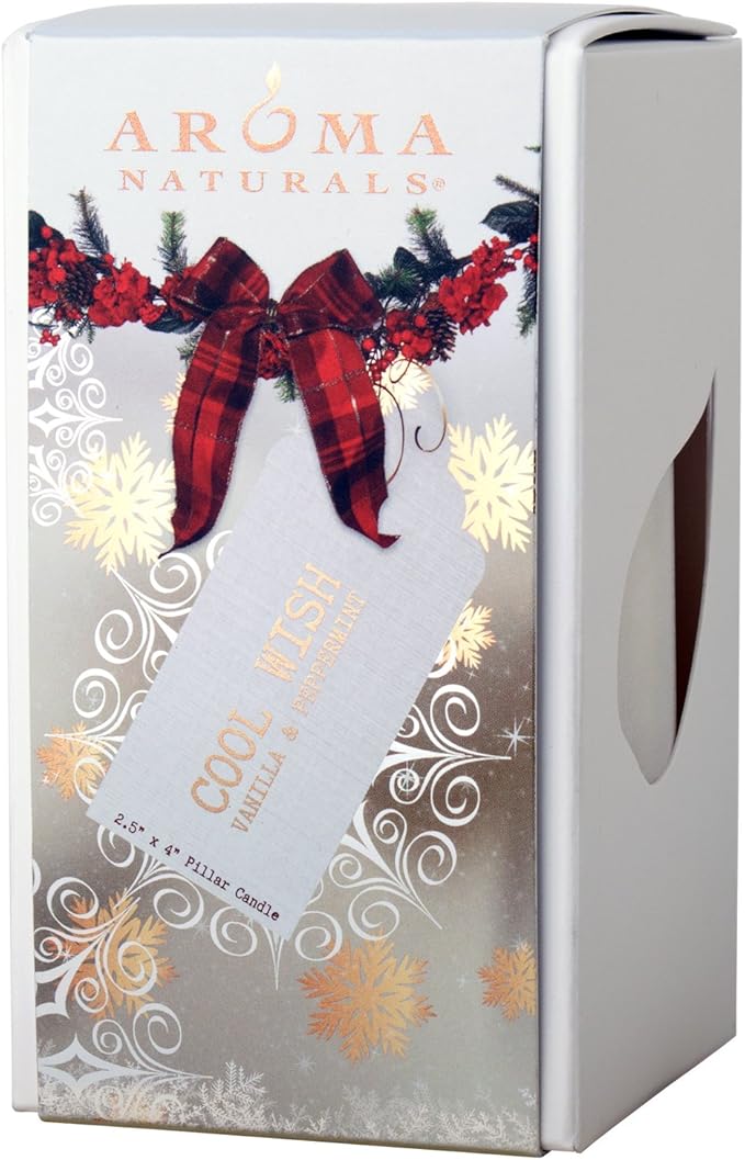 Aroma Naturals Holiday Essential Oil Vanilla & Peppermint Scented Pillar Candle, Cool Wish, 2.5 inch x 4 inch