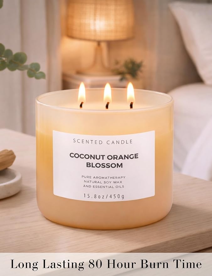 Coconut Orange Blossom Scented Candle - Large 3-Wick Aromatherapy Soy Candle, 15.8 oz - Highly Scented, Clean Burning, Long Lasting Home Fragrance Gift for Women & Men