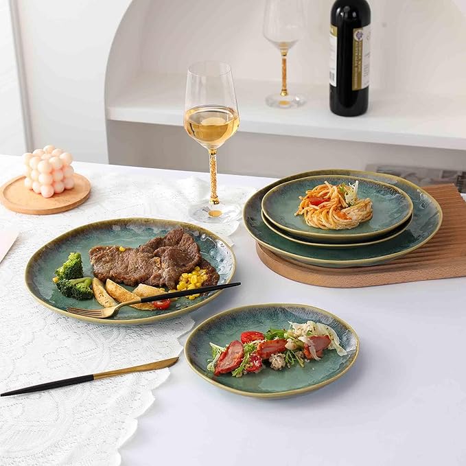 Henten Home Ceramic Appetizer Plates, 6.75 Inch Porcelain Dessert Plate, Cake, Snack Plates Set of 4, Salad Plate for Kitchen, Holiday Gifts, Dishwasher Safe (Green)