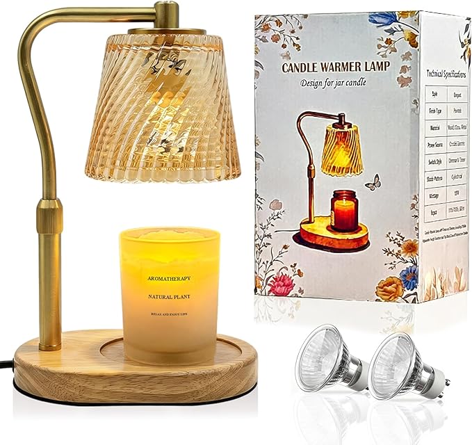 Candle Warmer Lamp with Timer Dimmable, Adjustable Wavy Clear Lamp Candle Warmer for Scented Candles, Housewarming Gift for Spring Home Decor, Women Mom Birthday Gifts with Charming Box & 2 Bulbs