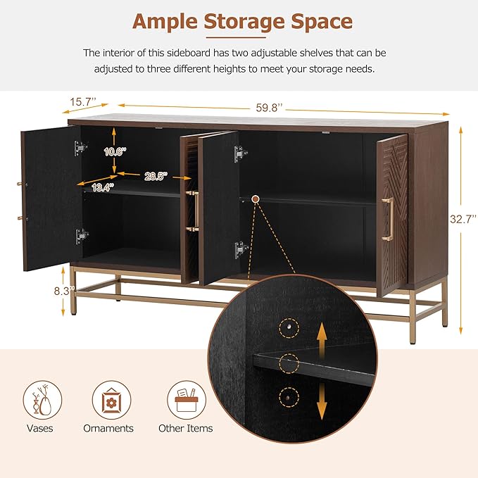 Amposei Retro Accent Sideboard Cabinet 59.8-Inch Credenza Console Storage Cabinet Dining Buffet Table with 4 Doors & Adjustable Shelves for Living Room Entrance, Espresso