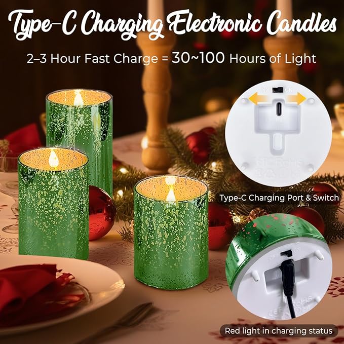 Rechargeable Flameless Candle, Flickering LED Pillar Glass Fake Candle with Remote and Timer, Built-in Battery Real Wax Electronic Candle for Room Decoration, Set of 3