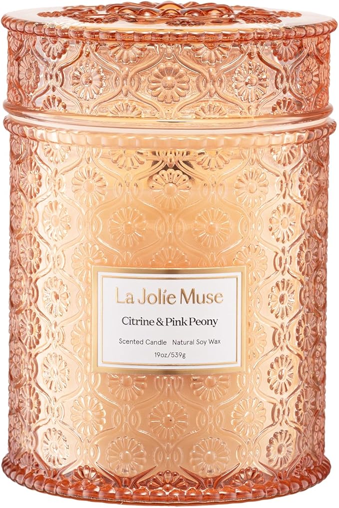 LA JOLIE MUSE Citrine & Pink Peony Scented Candle | Bergamot, Peony & Amber | 19 oz Large Wooden Wick | Natural Soy Wax | 90-Hour Clean Burn | Gift-Ready for Hosts & Gatherings