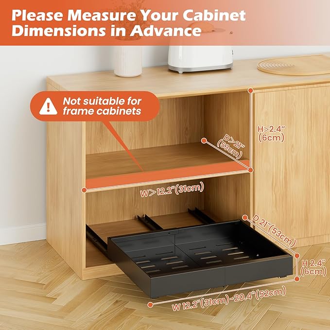 lockincar 1Pack Expandable Pull Out Cabinet Organizer 21" Deep, Adjustable Width 12.2"-20.4" Slide Out Drawers & Roll Out Shelves for Kitchen Cabinets, Easy Install with Double-Sided Adhesive, Black
