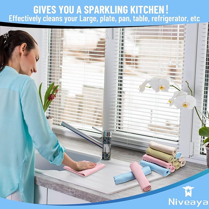Niveaya 24 Pcs Fish Scale Streak Free Miracle Cleaning Cloth Easy Clean Nanoscale, Microfiber Window Mirror Glass Cleaning Cloth, Lint Free Cloth Wine Glass Polishing Towel, Reusable